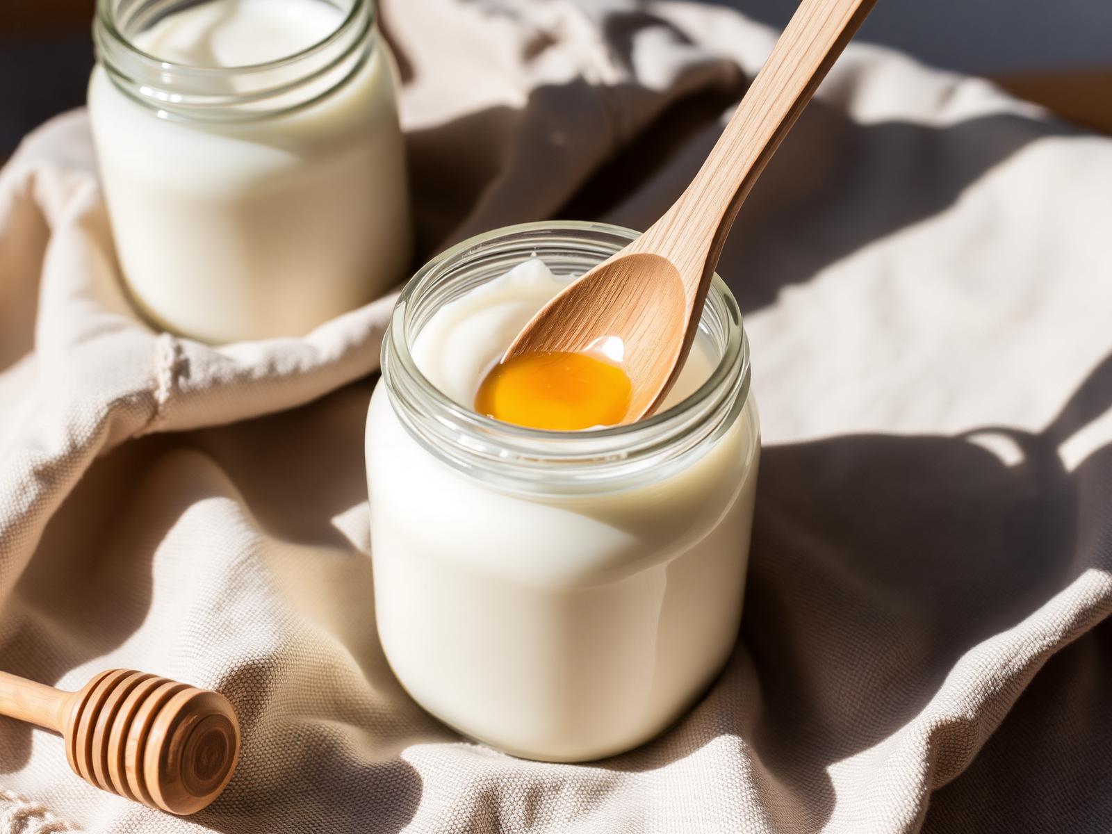 A tub of home-cultured yogurt with a wooden spoon and honey